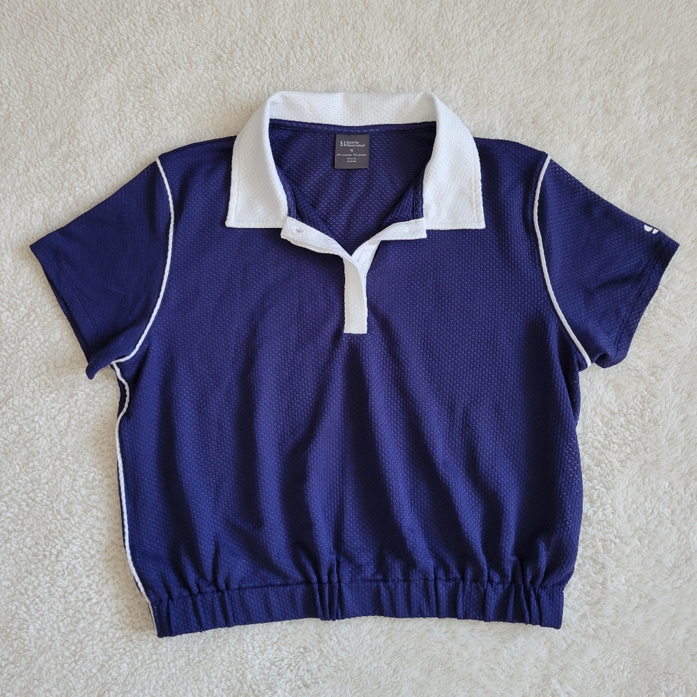 Sports Illustrated Blue Button V-Neck Short Sleeve Cropped Mesh Polo Medium